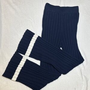 NWOT Navy Ribbed sweater Knit flare Pants with White Stripes small
